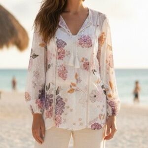 Style & Co. Floral Print Tassel Tie Peasant Top Cream Small Bohemian